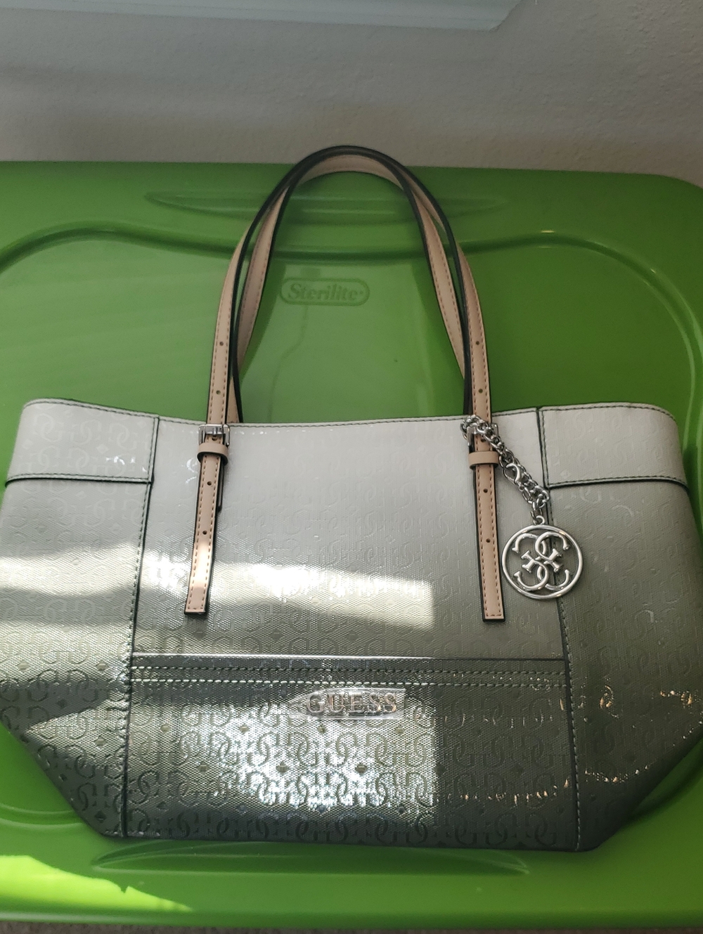 GUESS Ombre Patent Tote in White and Gray with Beige Handles